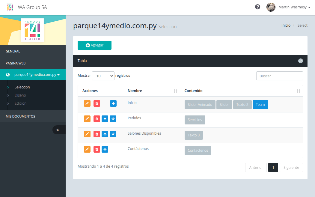 Panel de administración de Parque 14 y Medio